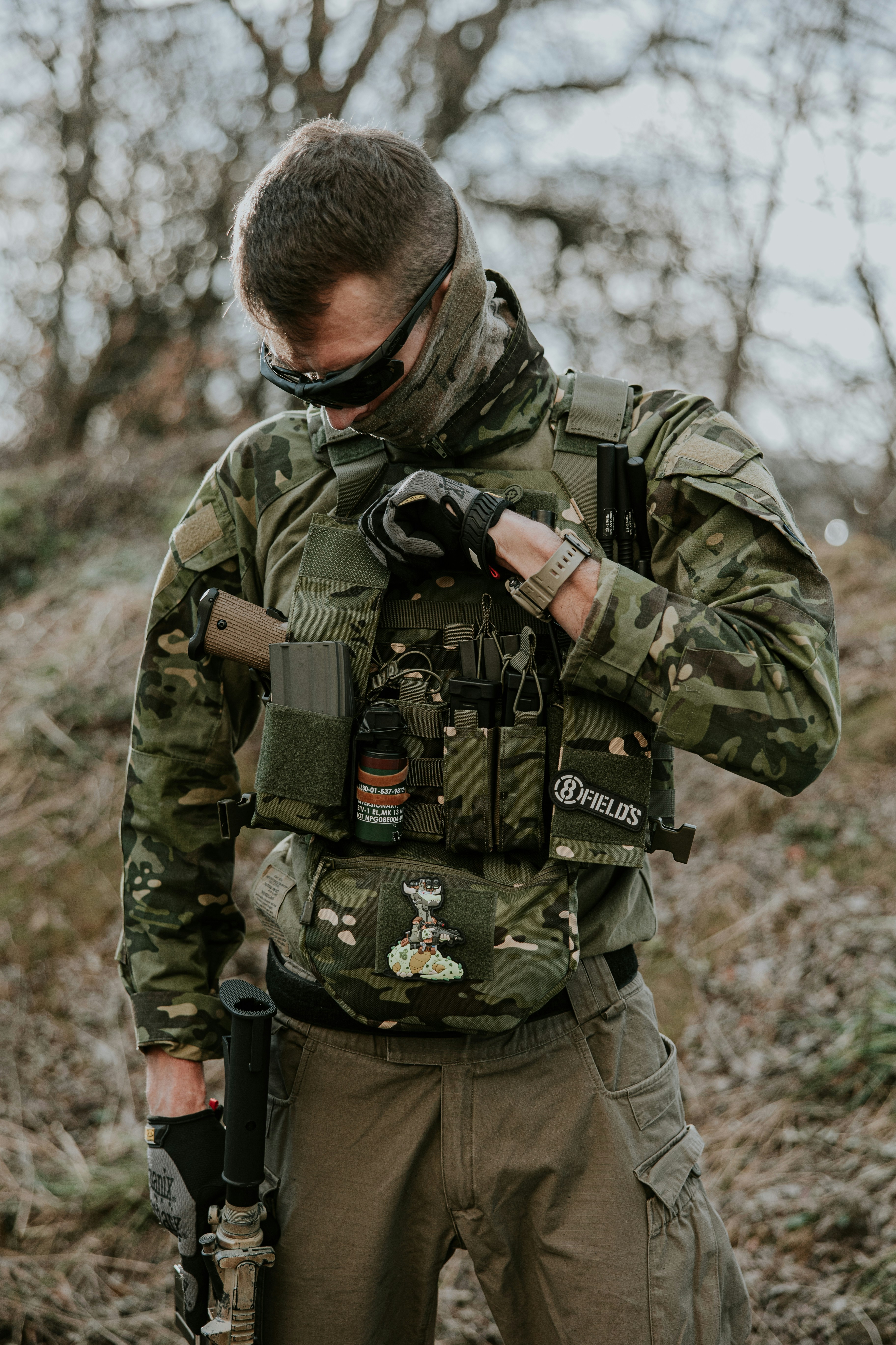 a man wearing a camouflage jacket and goggles
