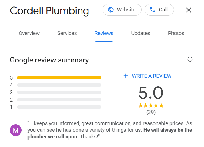 google reviews for plumbers