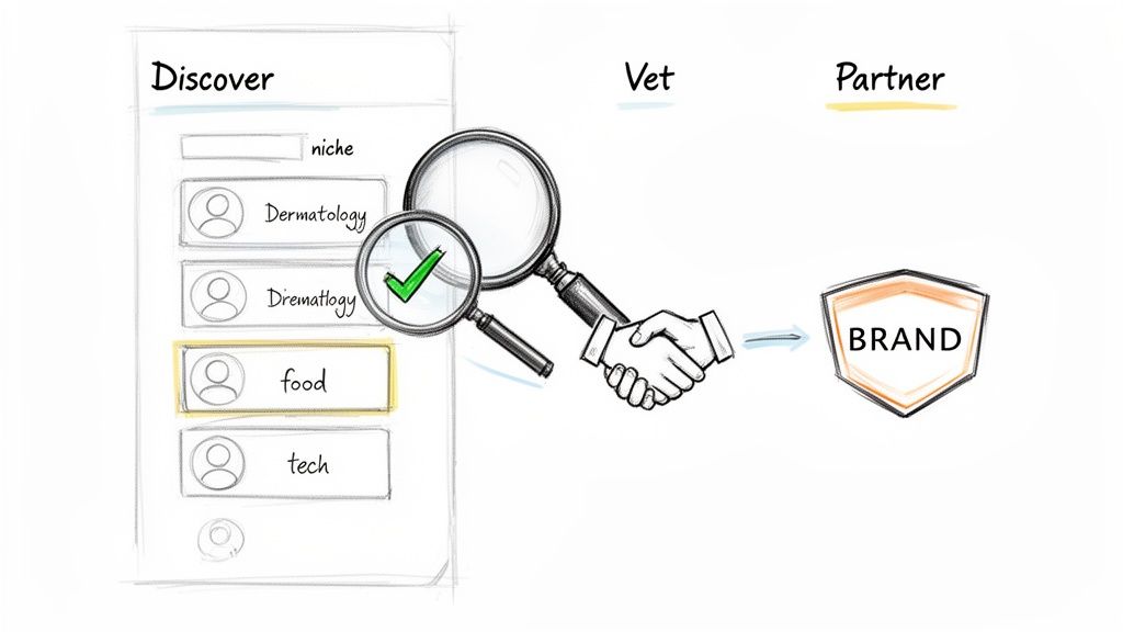 A diagram illustrates the steps to discover, vet, and partner with a brand, highlighting a food niche selection.