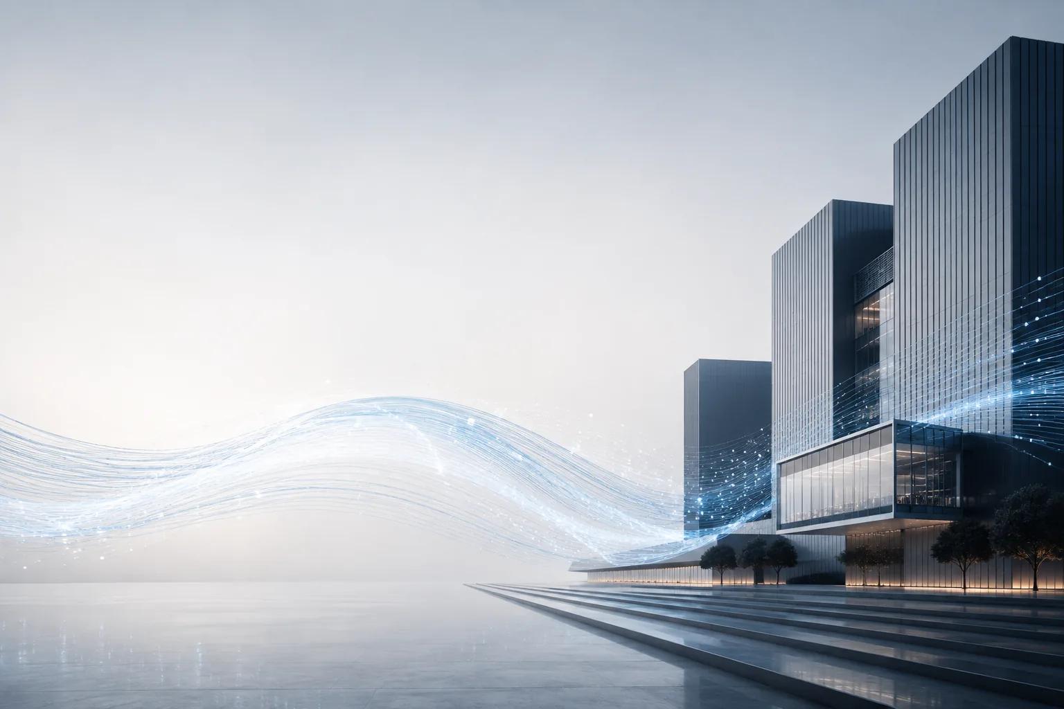 Modern office towers beside an abstract flowing data network