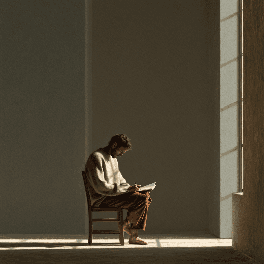 A man sitting alone by a window with a notebook, looking down in thought in a quiet room