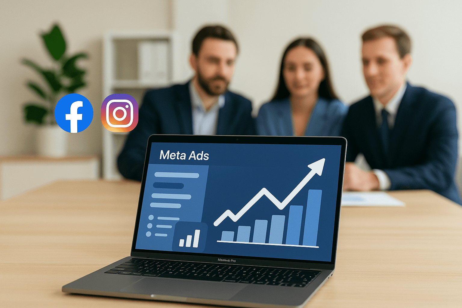 Team of professionals reviewing Meta Ads performance on a laptop in a modern office, with Facebook and Instagram logos indicating social media advertising for SaaS businesses.
