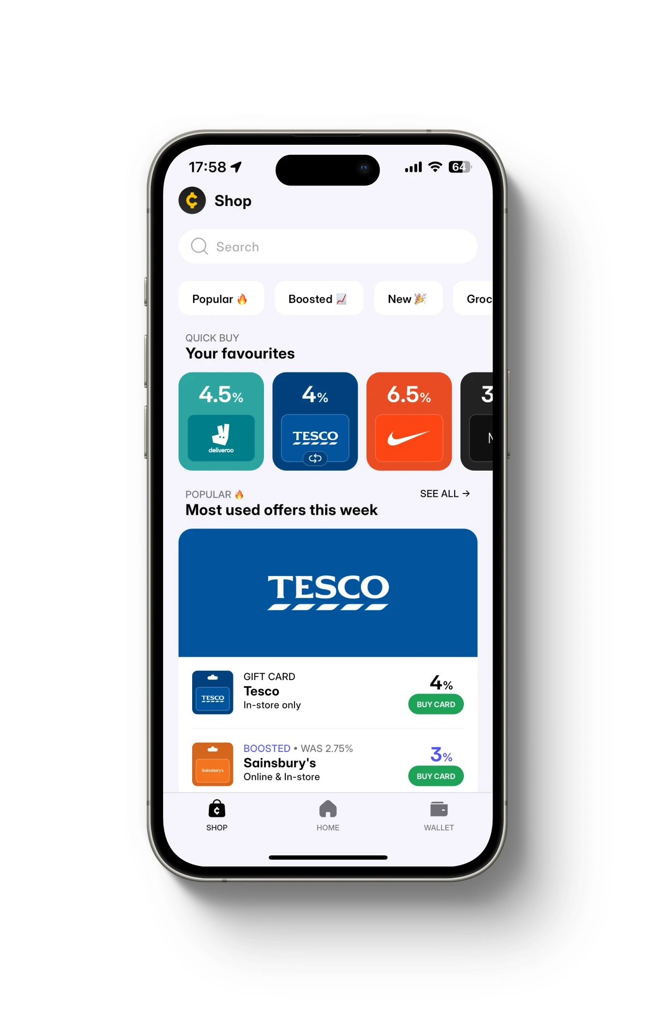 Cheddar app showing Tesco, Sainsbury's, Nike and Deliveroo gift cards with cashback discounts