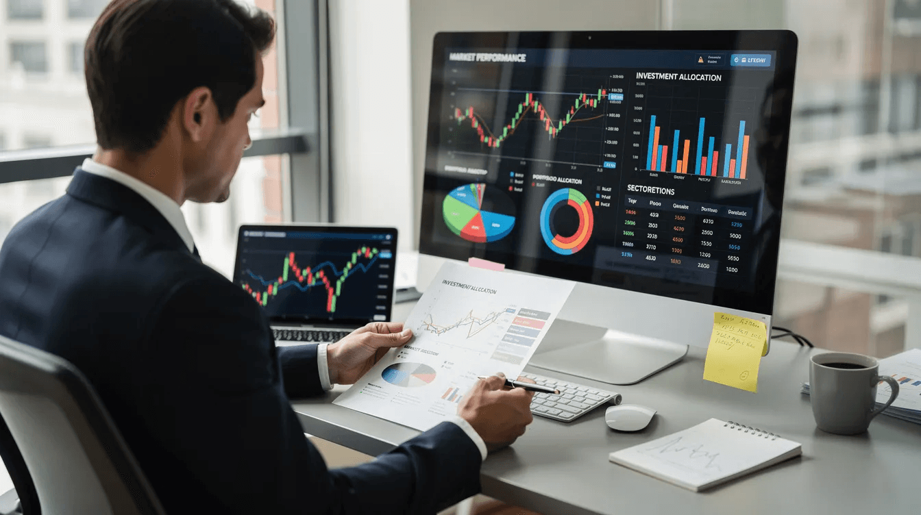 A person is intently reviewing various charts that display market performance and investment allocations, focusing on strategies such as tax smart diversification to minimize taxes and optimize their financial goals. The charts likely include insights on capital gains, tax deferred accounts, and asset allocation to help manage their tax burden effectively.