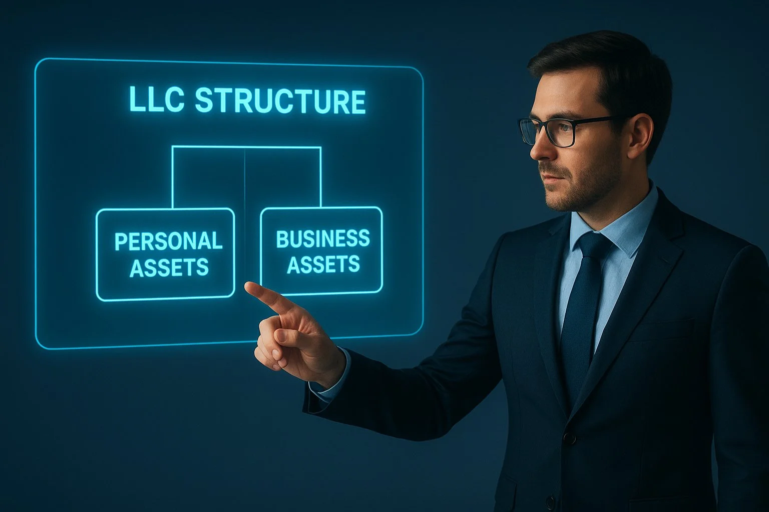 Financial advisor pointing to a holographic chart labeled “LLC Structure,” illustrating the separation between personal and business assets in a modern, futuristic style.