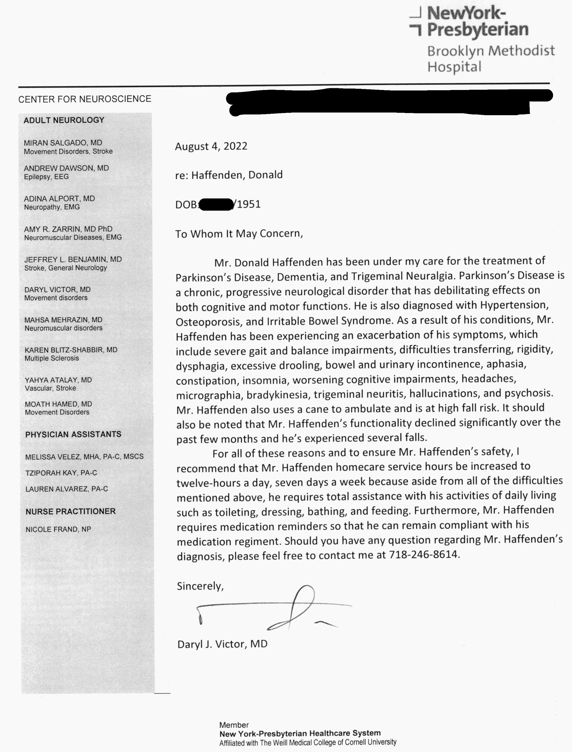 Letter of services for DRH Sr