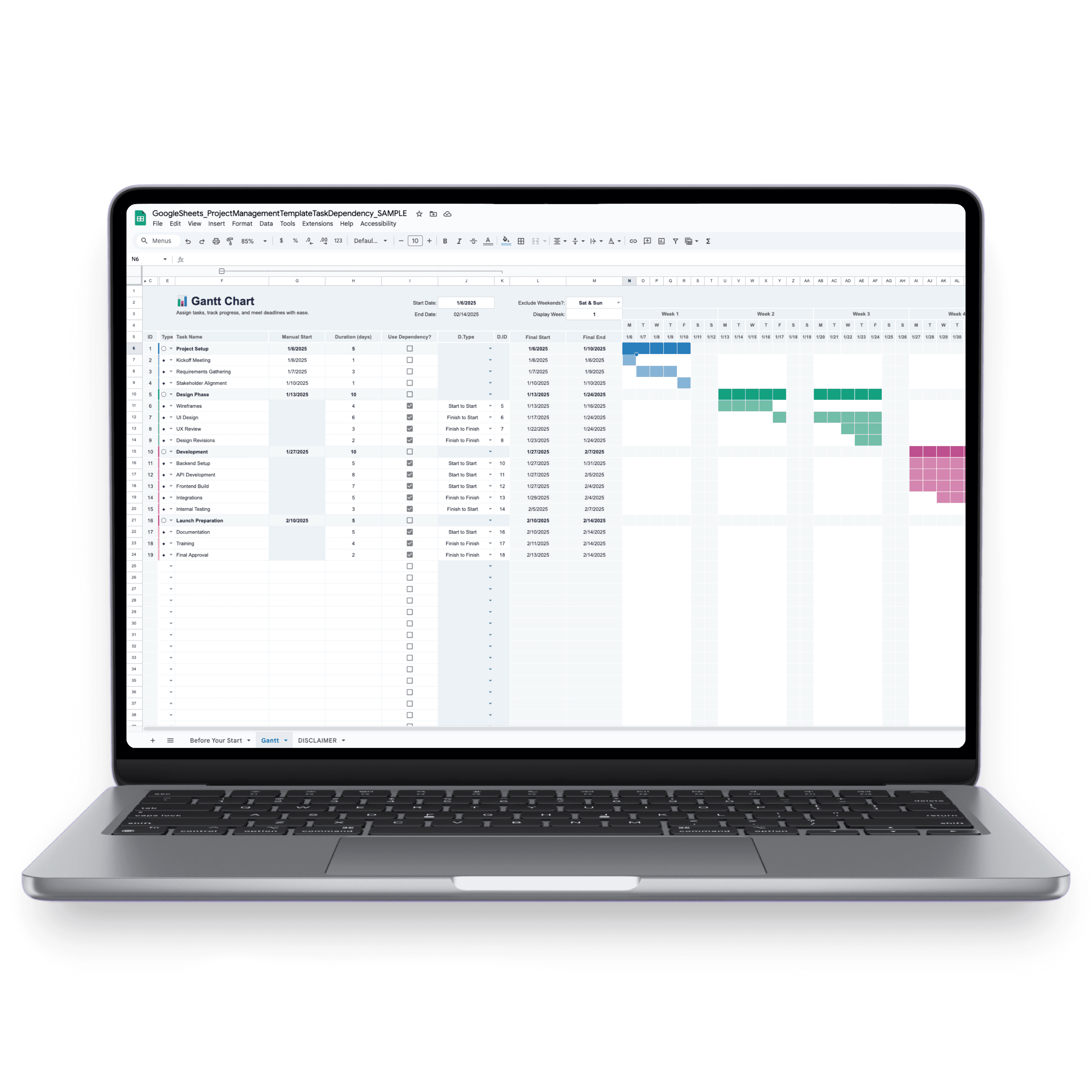 Laptop mockup showing the Gantt Chart in Google Sheets fully populated with project data, used as the main image thumbnail for the product listing.