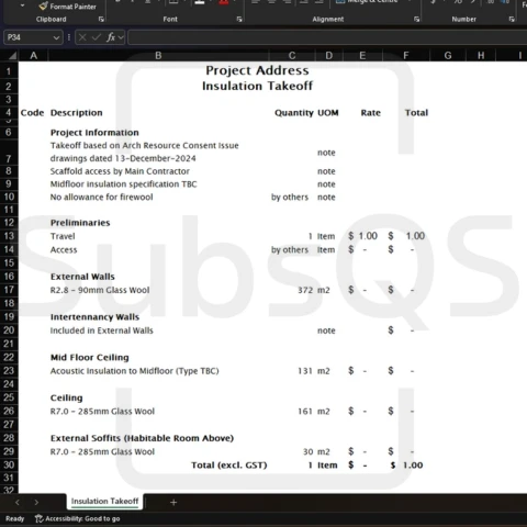 Screenshot of Microsoft Excel takeoff for insulation trade by SubsQS Ltd