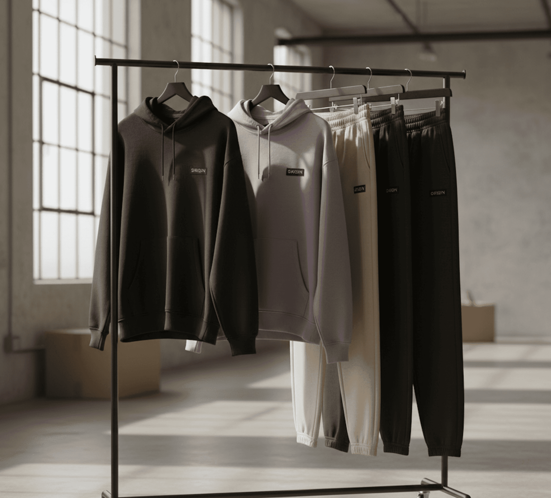 Example images of hoodies and sweatpants ready for a photoshoot, fully customised