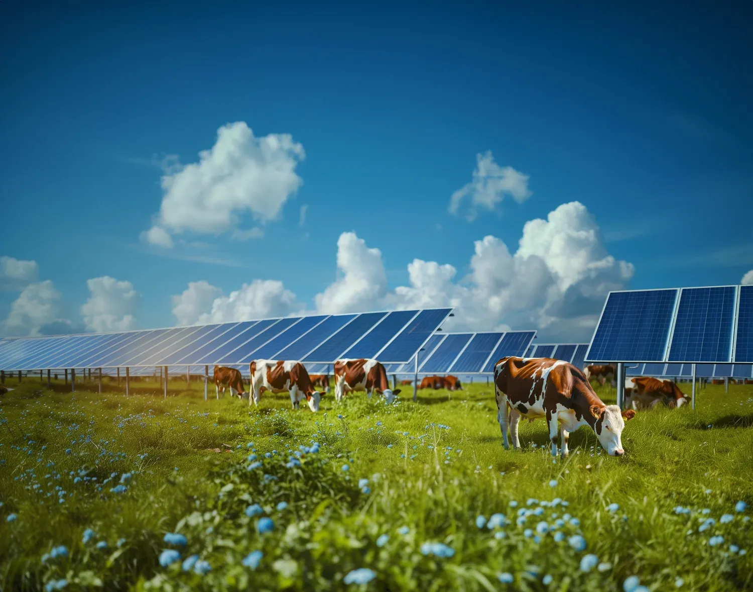 Kälber grasen neben Solarmodulen auf einer grünen Wiese
