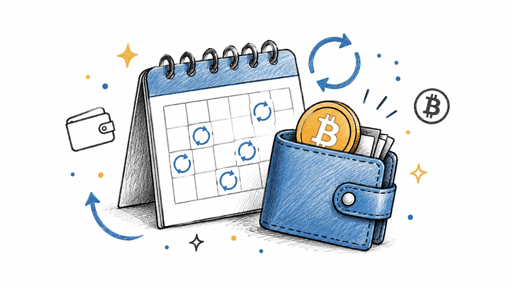 A digital illustration showing a calendar with recurring payment icons and a blue wallet containing Bitcoin.
