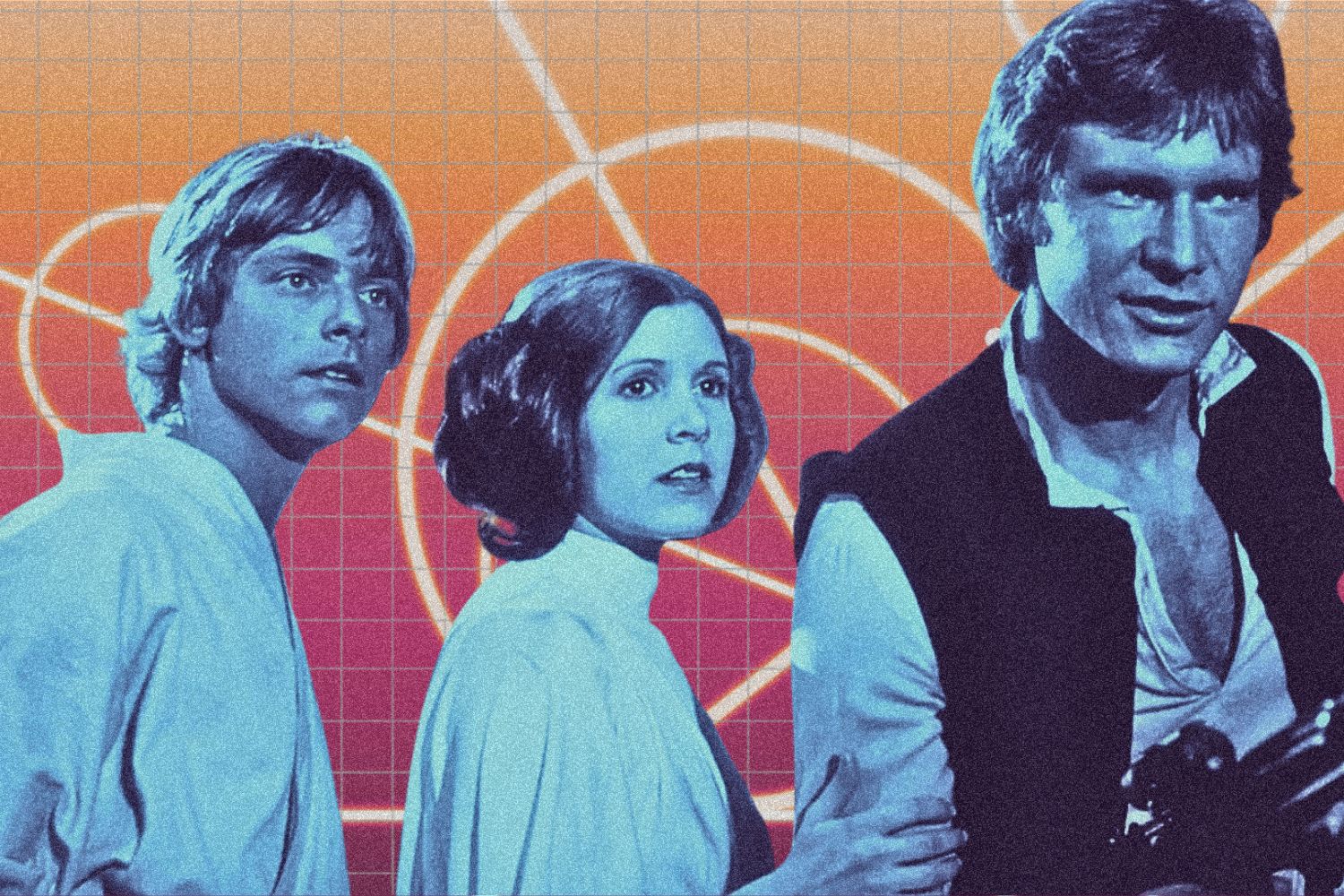 Luke, Leia, and Han from A New Hope covered in a bue tint in front of an orange, yellow, and red geometric background