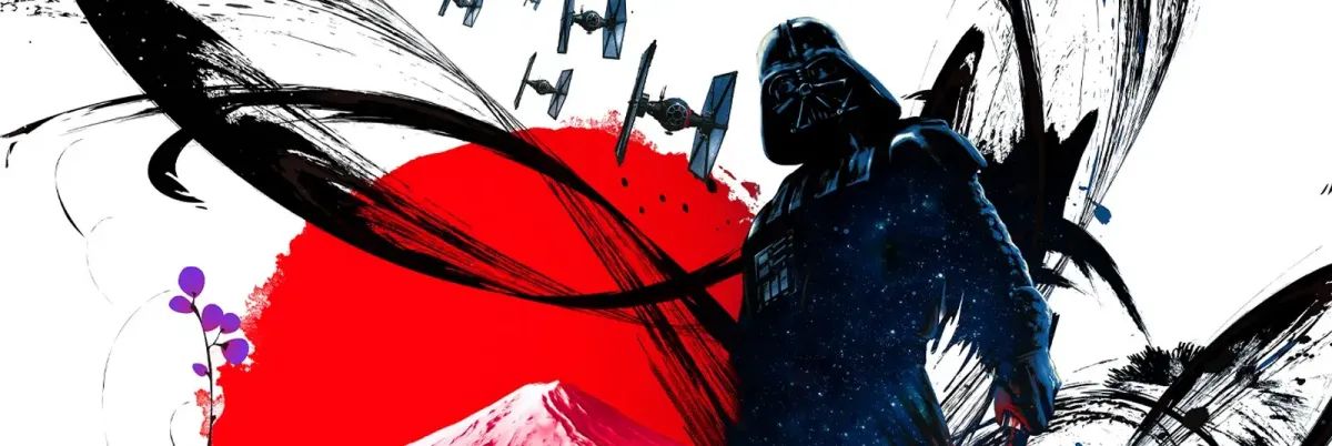 Star Wars Celebration Japan key art featuring DarthVader, TIE fighters, and a large red sun in front of  a mountain