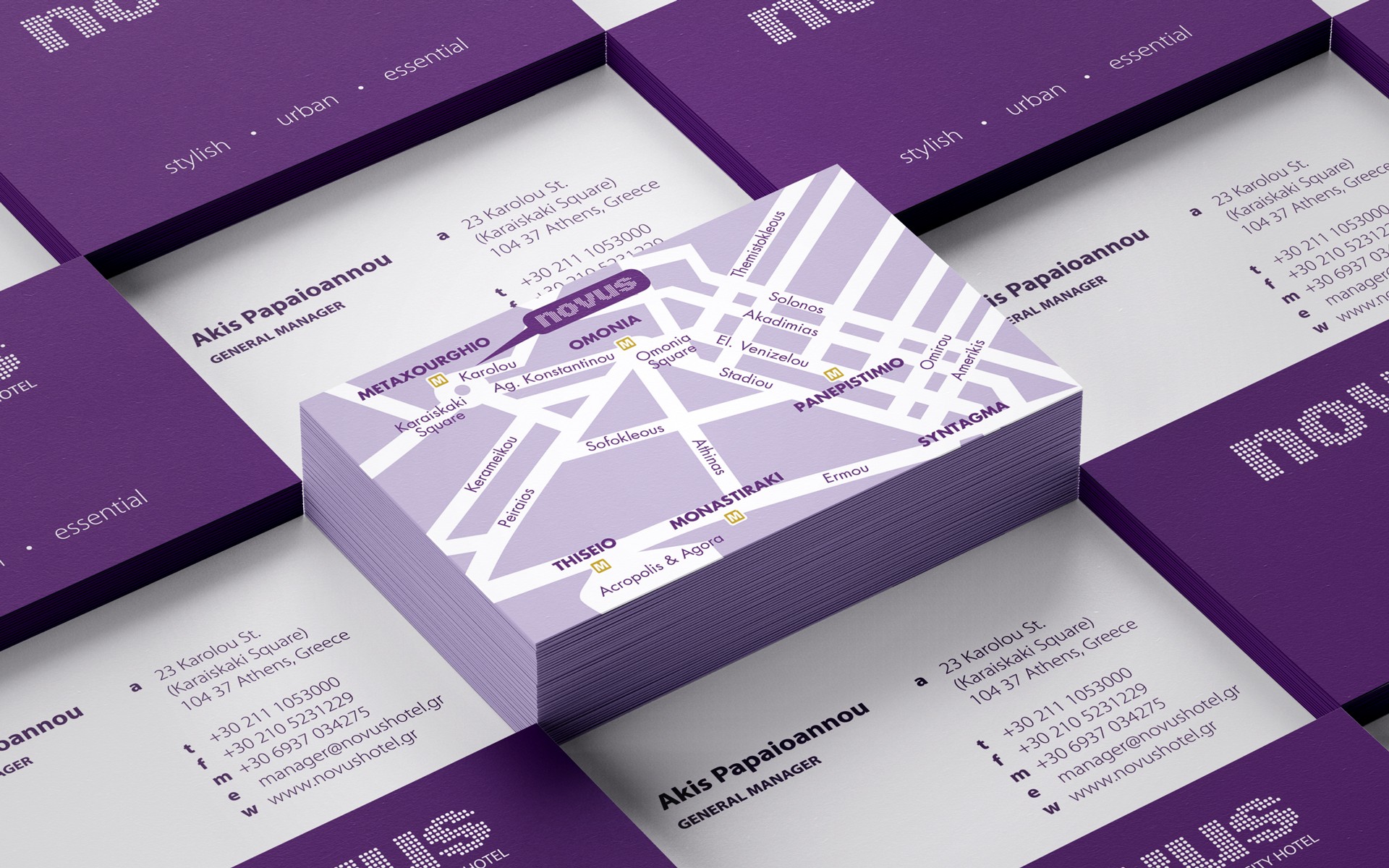 Business card design for Novus City Hotel incorporating a map element