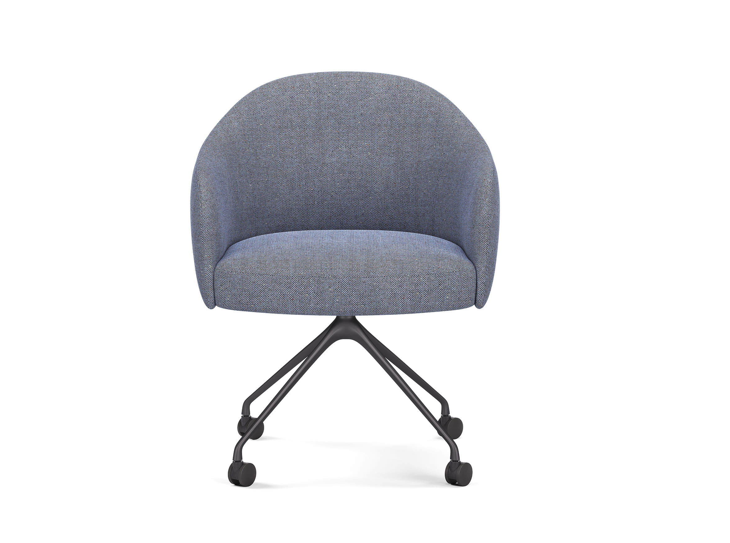 Front view of office meeting chair 3D model with curved back and wheels