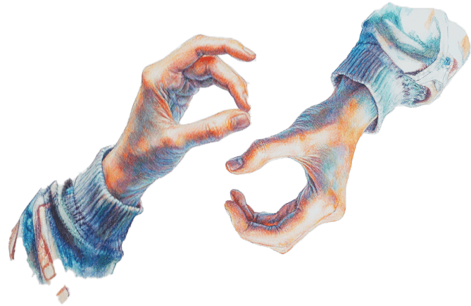 Drawing of fwo hands illustrating sign language.