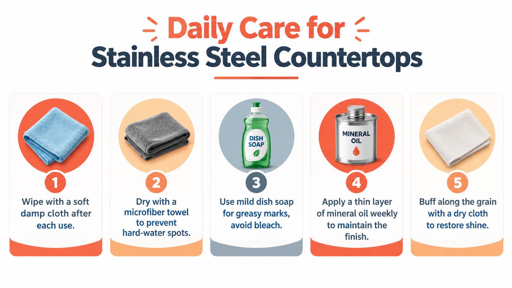 A five-step instructional guide on how to clean and maintain stainless steel countertops using simple household items.