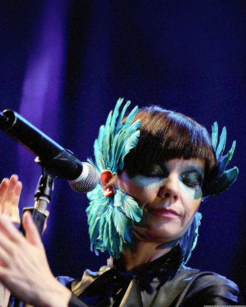 Avant-garde custom metallic and iridescent feather headpiece designed by Shaun Leane for Björk's 2003 live performance tour, retrospective jewelry design history.
