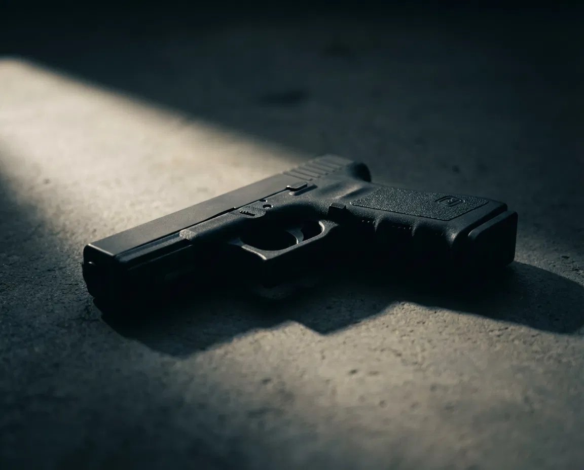Realistic handgun on a neutral surface with dramatic lighting