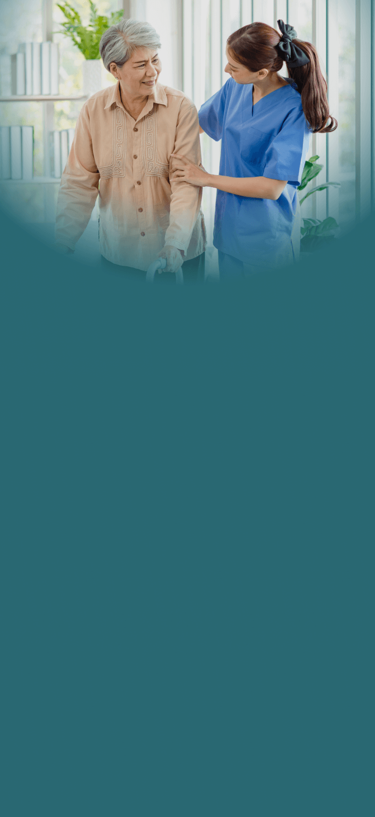 Professional nurse providing mobility assistance to an elderly patient in a bright healthcare setting.