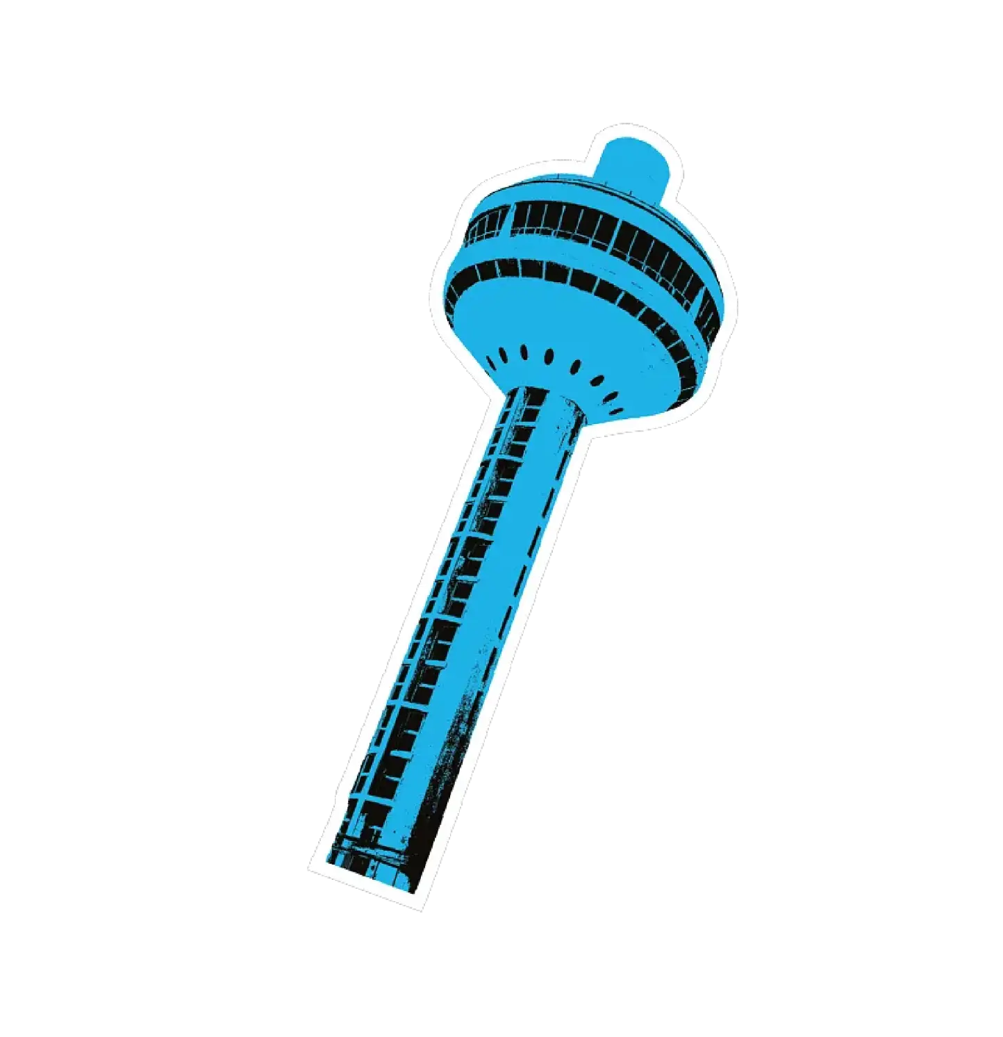 A blue and black silhouette of the iconic revolving Patang Hotel tower in Ahmedabad.