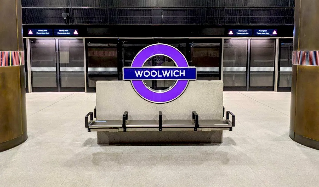 The entrance to Woolwich Elizabeth Line station is just a four minute walk from London's best podcast studio, Creative Kin, based at Woolwich Works.