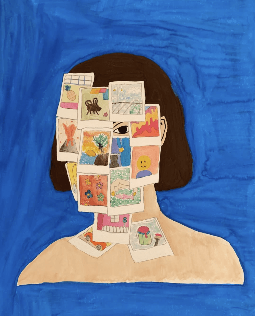 Painted portrait of a person made up of interior scenes and patterns