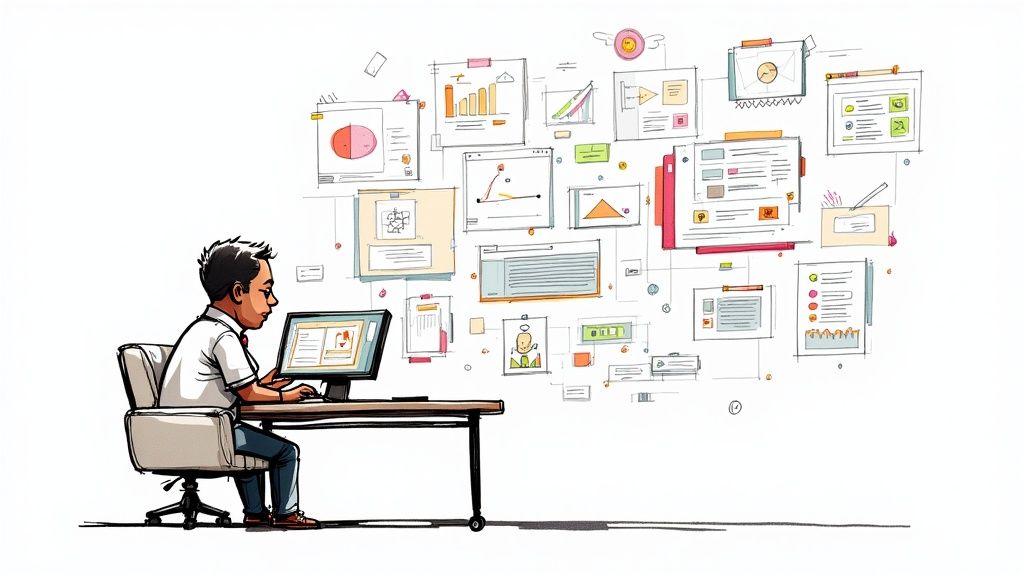 A marketing professional analyzing a complex dashboard showing data connections, symbolizing the power of business to business marketing automation.