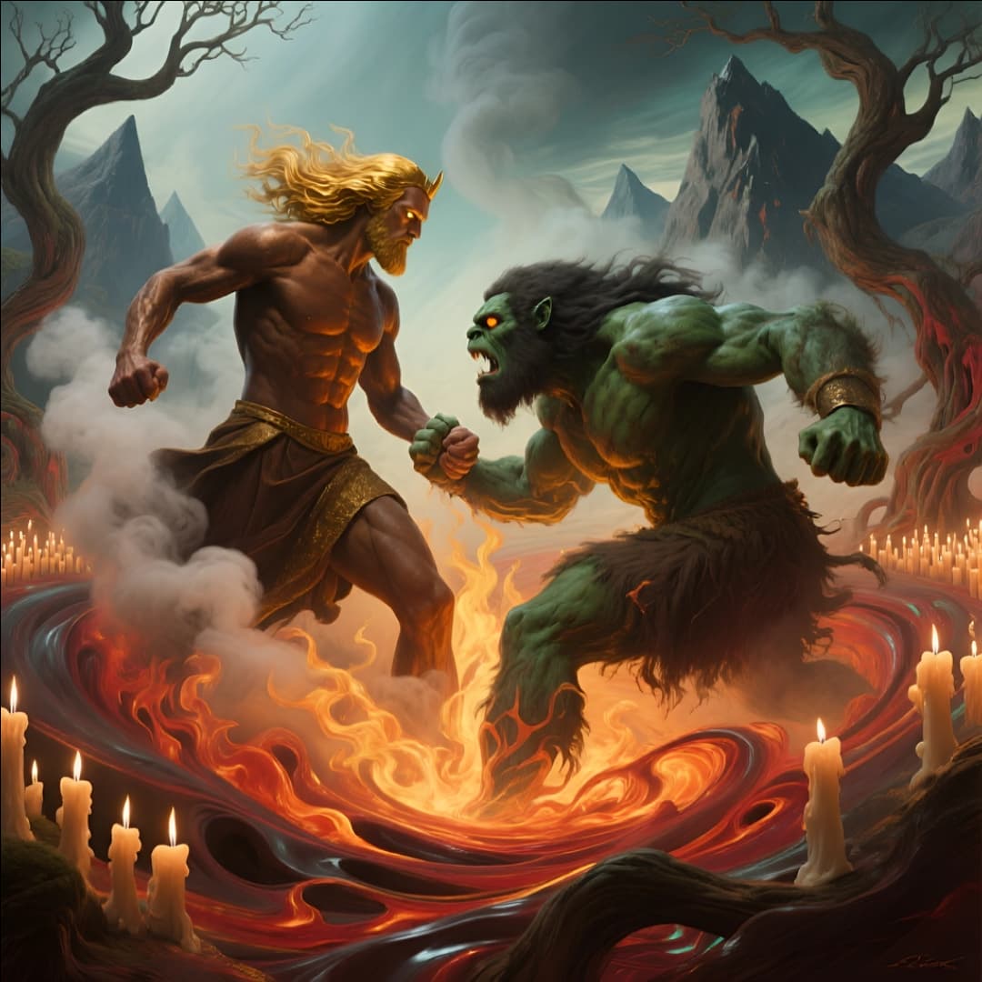 ein monster kämpft gegen einen helden in einer fabelwelt, zeichnung