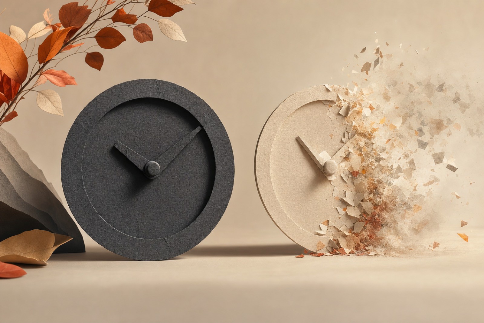 Two paper clock faces side by side, one solid and permanent in dark charcoal, the other dissolving into drifting fragments
