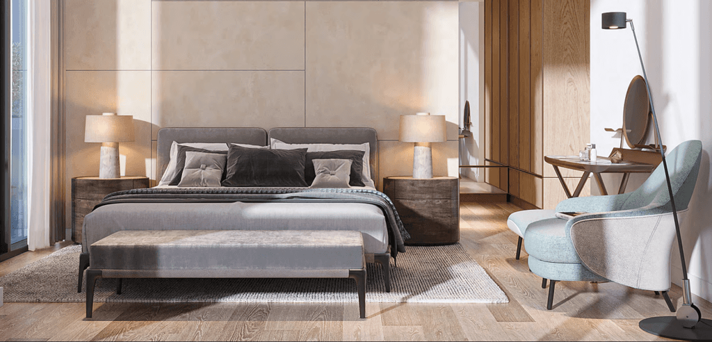 A sleek modern bedroom adorned with a large wall painting, emphasizing a chic and artistic atmosphere.