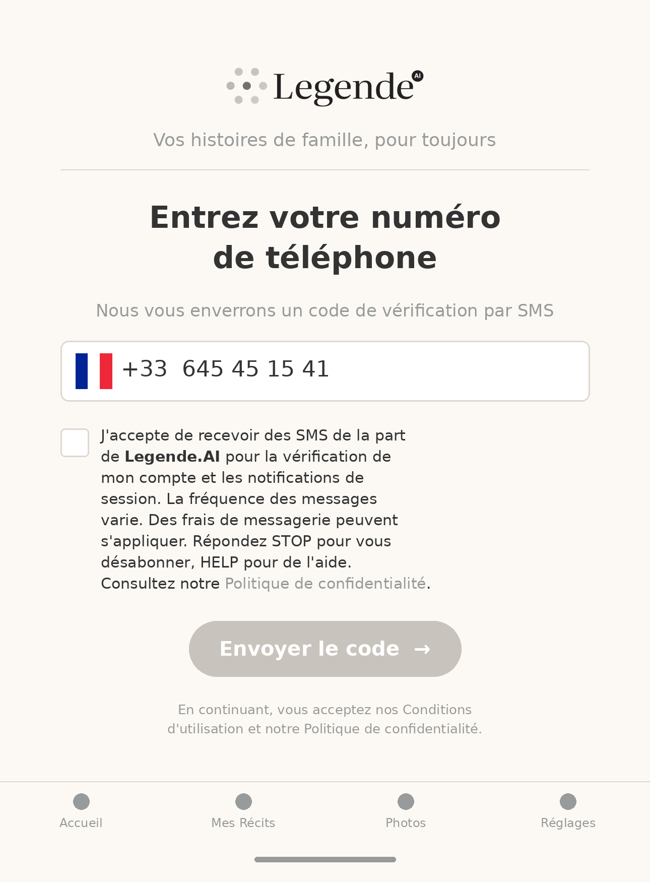Écran de consentement requis avec case non cochée