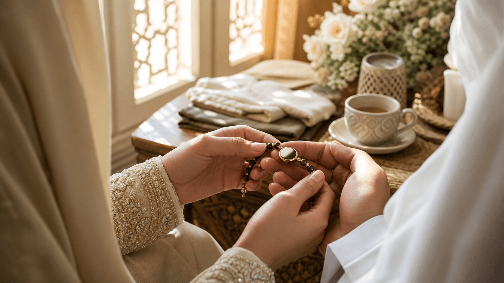 A woman's hands holding wearable Dhikr jewellery, an everyday Islamic gift for women in warm morning light