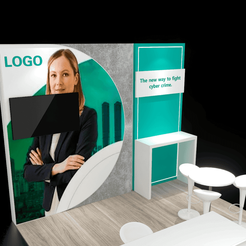 10x10 booth with branded backwall and monitor