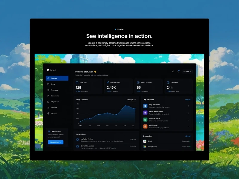 Kyros AI analytics dashboard interface showing metrics, performance charts, and top function tracking