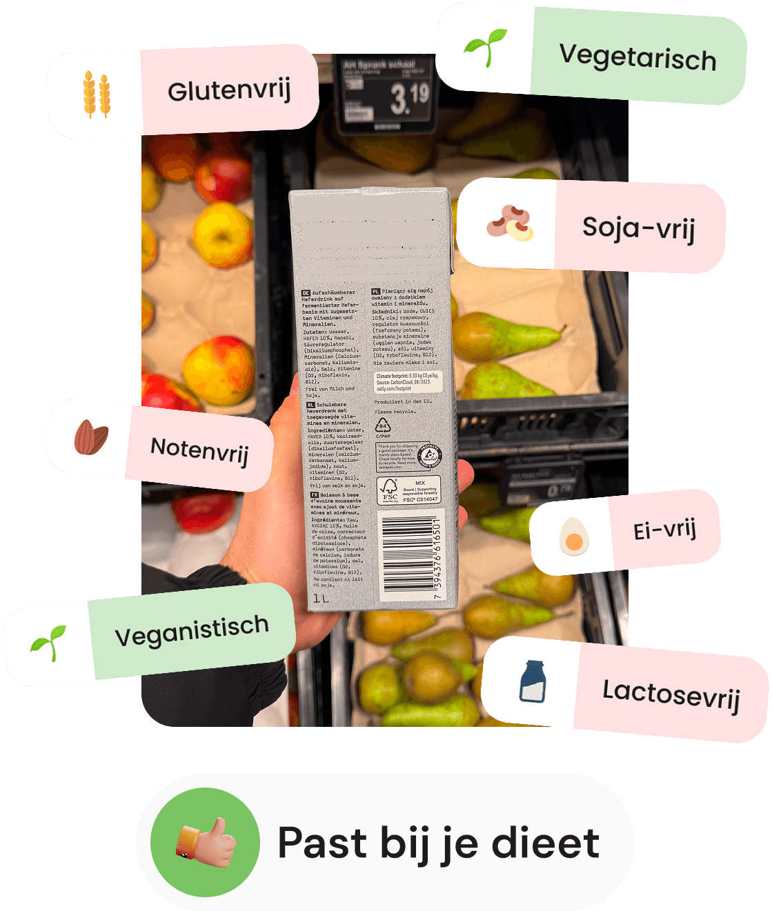 User interface of the barri app's barcode scanner feature. Diets are Vegan, vegetarian, gluten-free, lactose-free