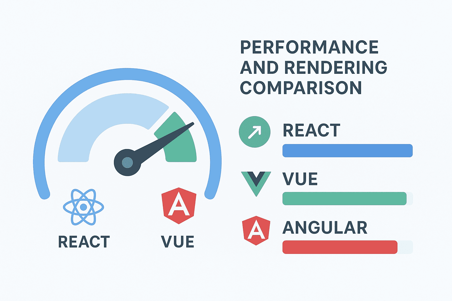 Minimal dashboard UI with three speedometer gauges comparing React, Vue, and Angular performance in a modern tech interface.