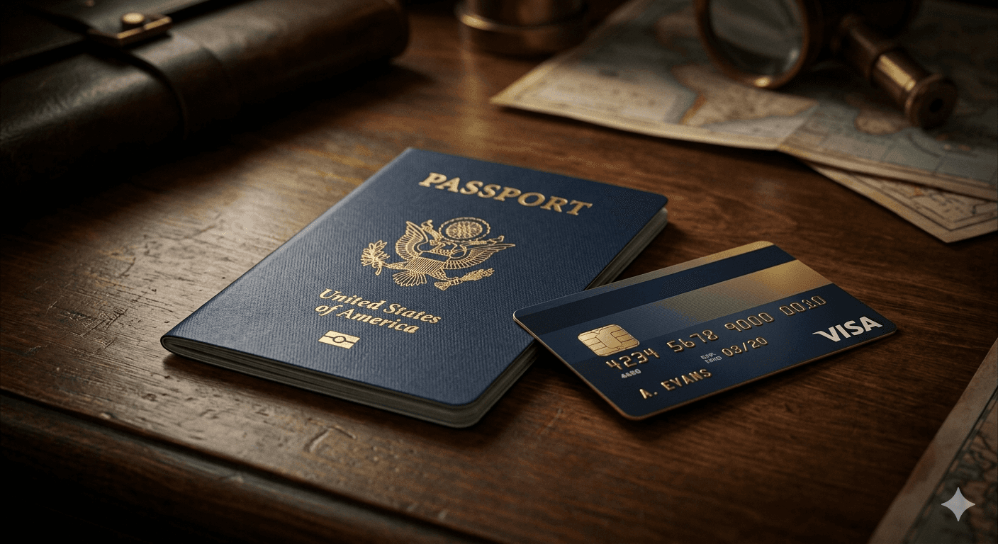 A visa paasport and card on a wooden table