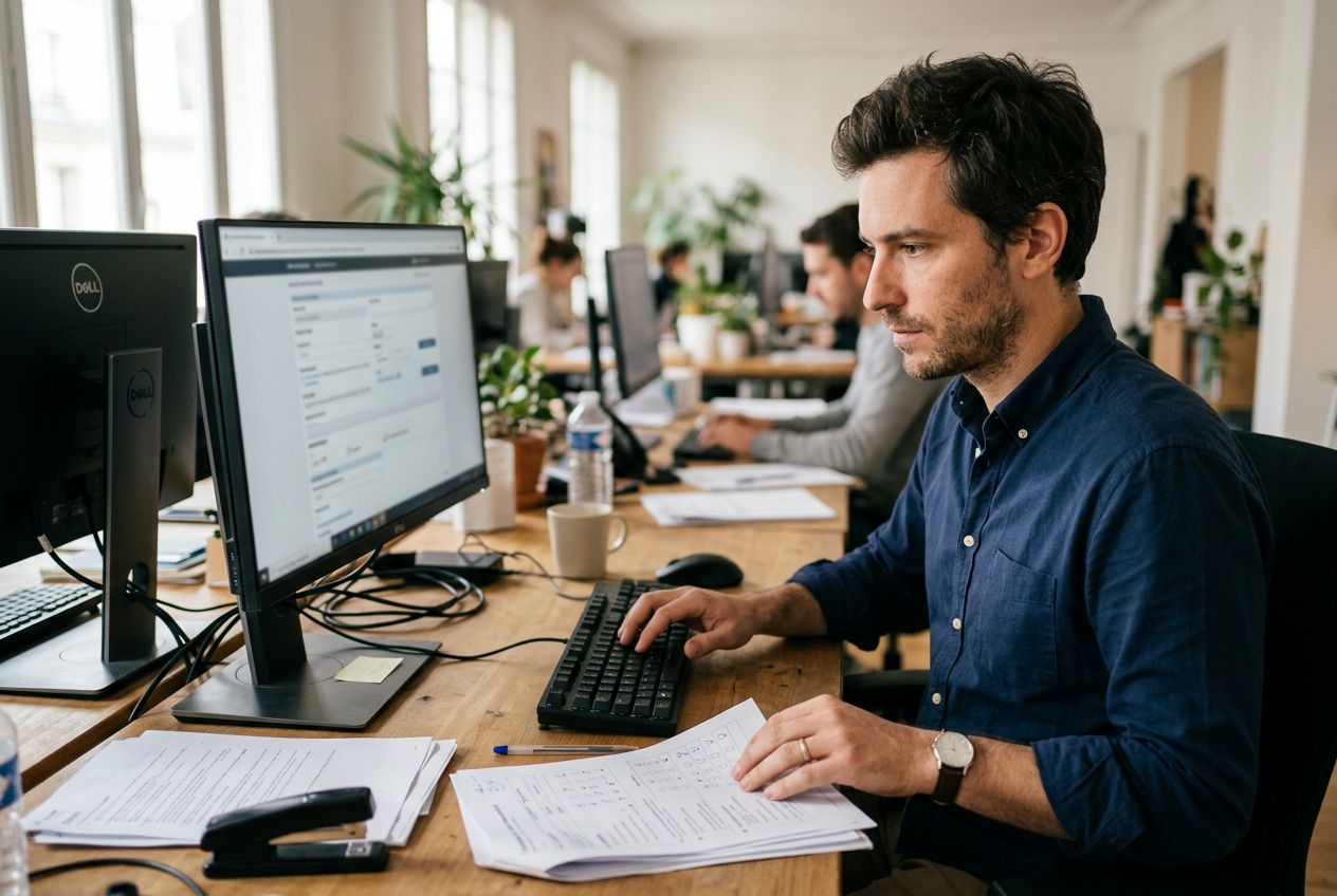 Professionnel saisissant rigoureusement les réponses d'une enquête de satisfaction