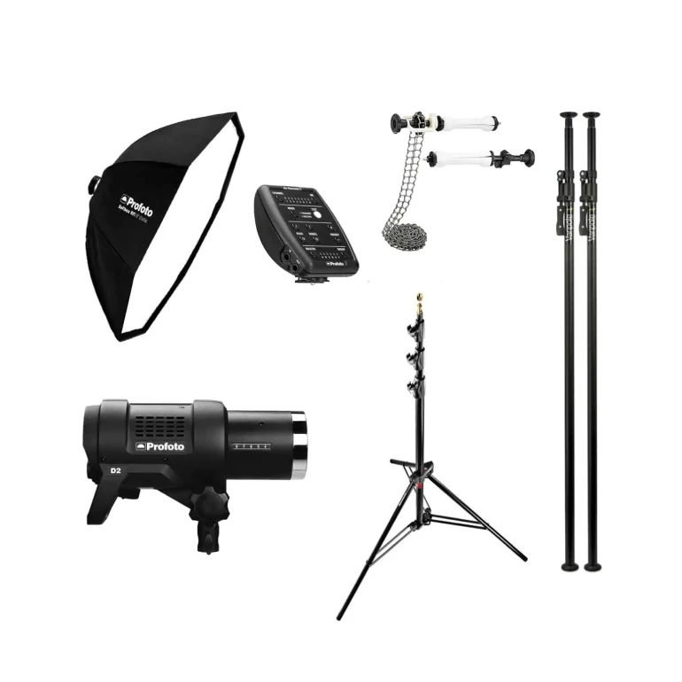 Image containing all the equipment included in the Photo Beauty D2 Pack: a Profoto D2 1000j HSS generator, a 70cm Beauty Bowl (White or Silver) or a Profoto Octa 5' 150cm, a Profoto AirSync, two Manfrotto autopoles (background support), a pair of Manfrotto mid-axes (background unwinder), a Manfrotto light stand.