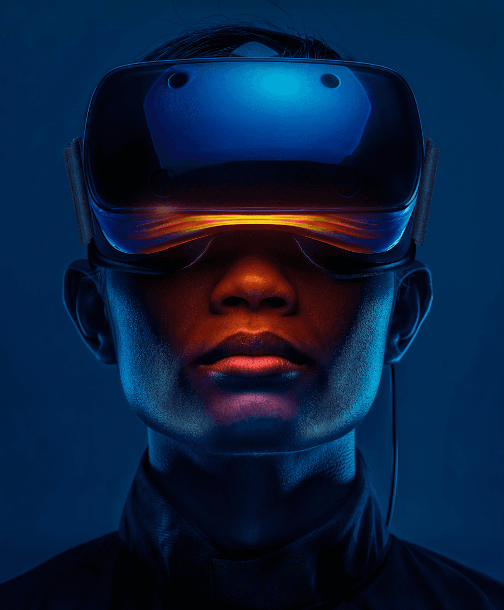 Close-up portrait of a person wearing a virtual reality headset