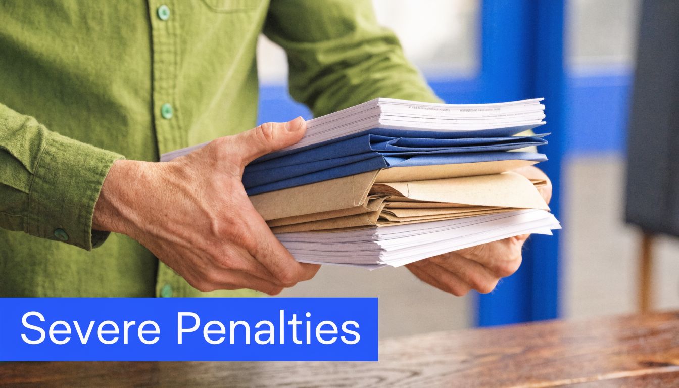 A person in a green shirt holding a large stack of documents and files on a wooden table.