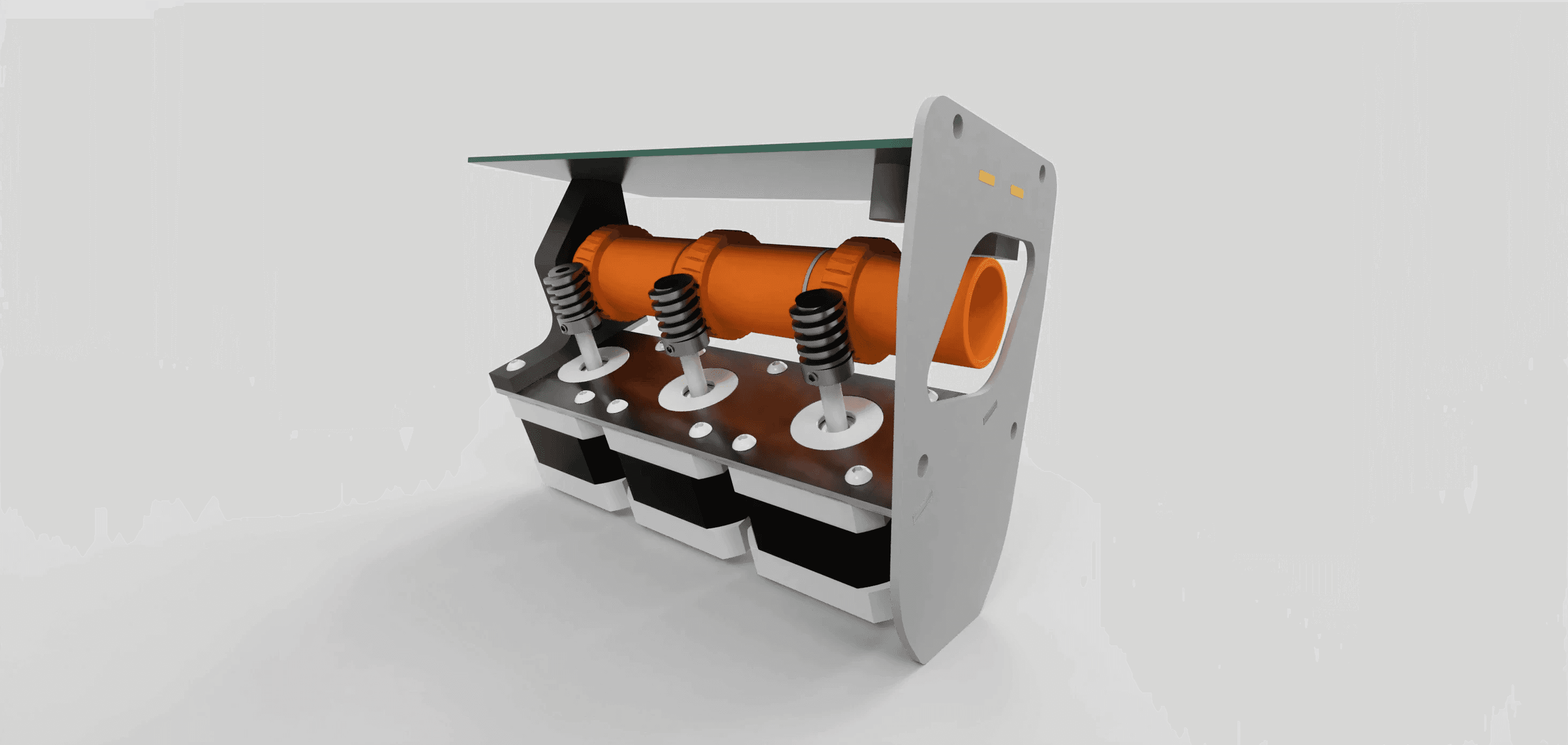 Modello 3D di sistema meccanico con motori, viti senza fine e ruote dentate su alberi coassiali, progettato per automazione o prototipazione.