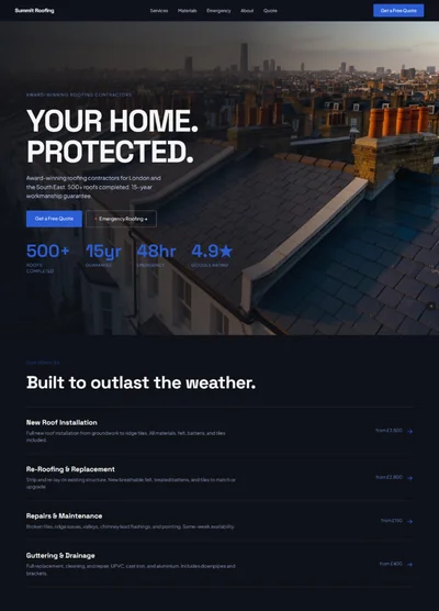 Dark slate and signal blue roofing website with Space Grotesk headline and count-up stats