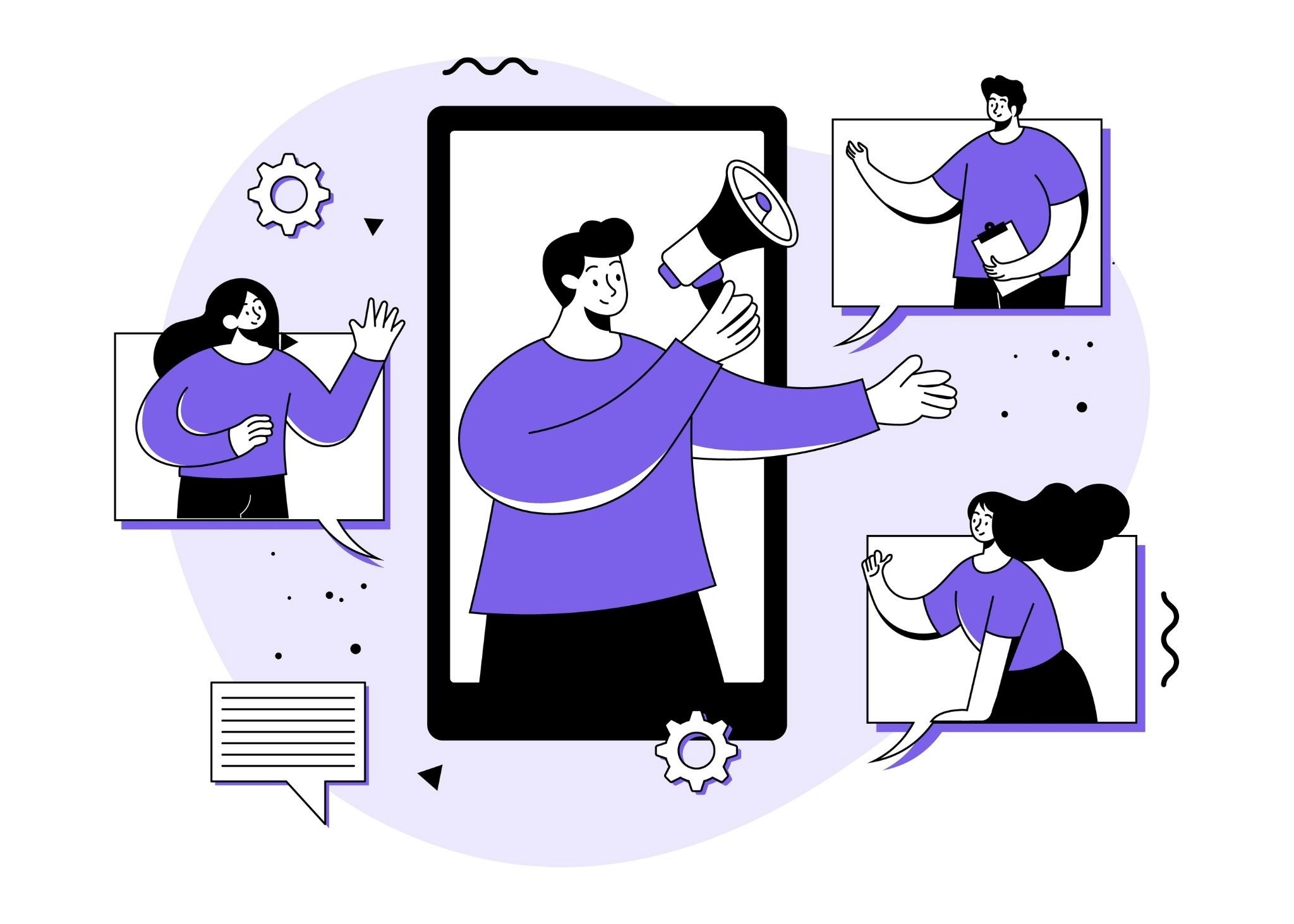 Creator with a megaphone on a smartphone screen reaching multiple influencers across social media channels