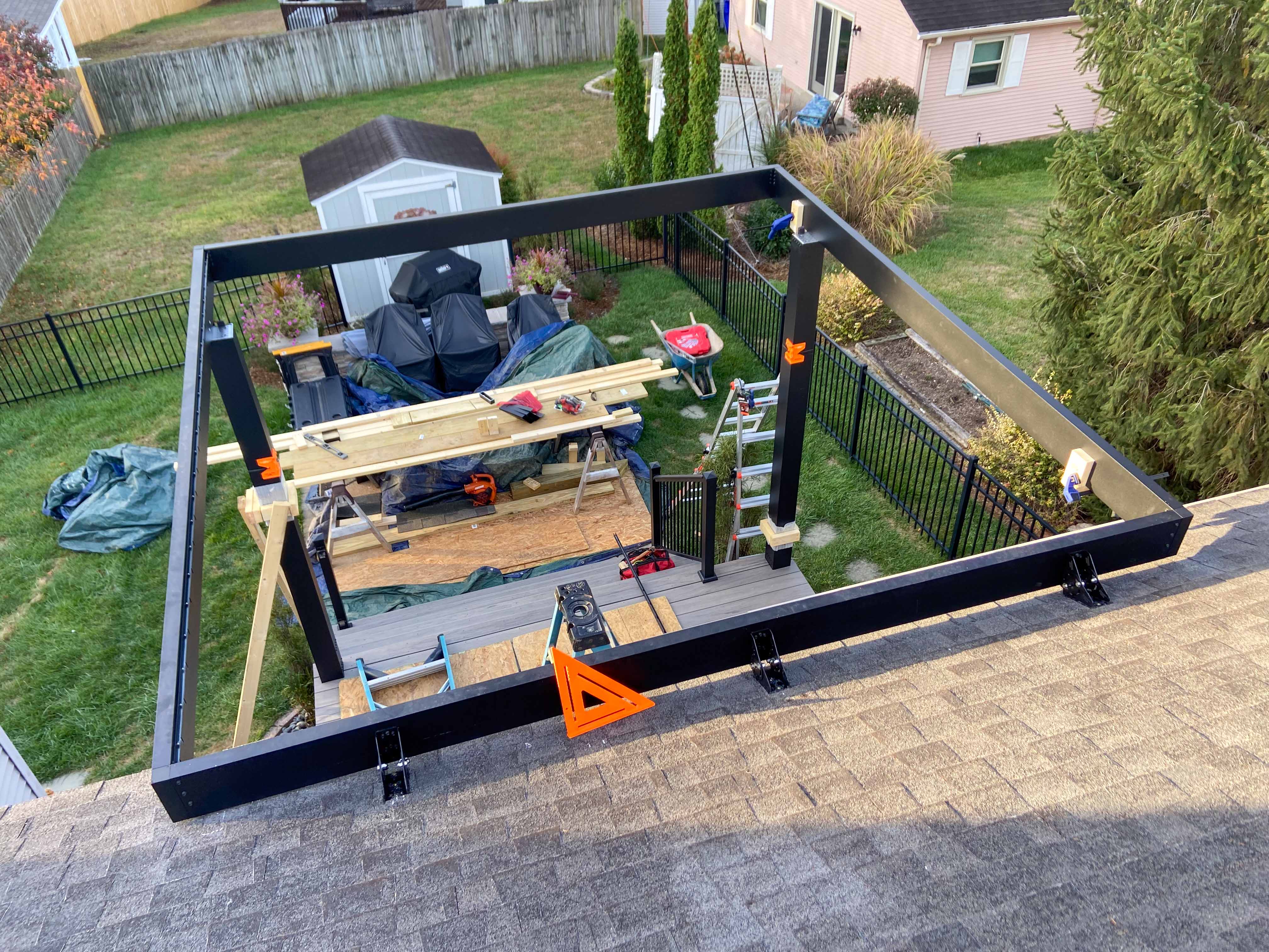 top view of the construction process of a pergola
