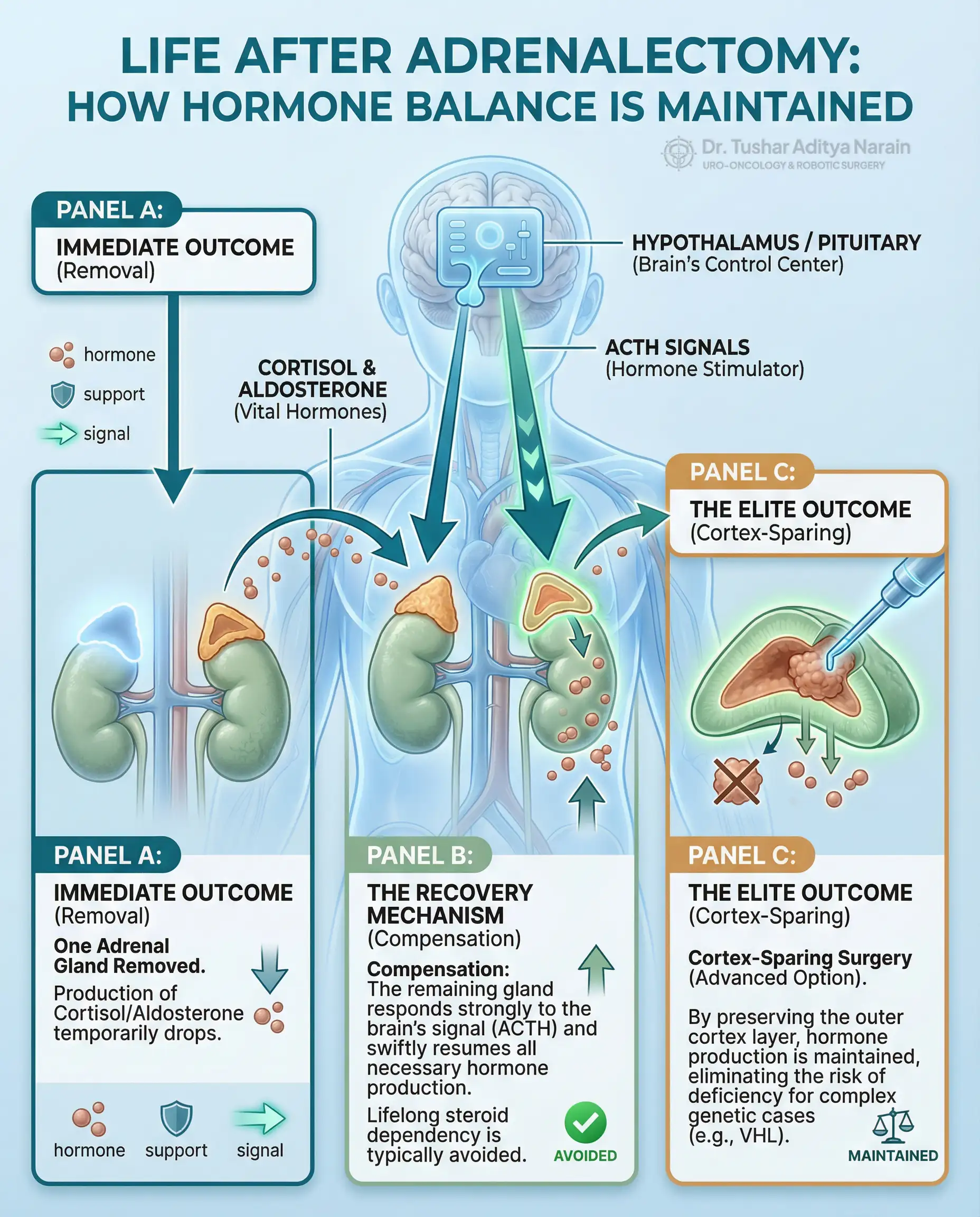 तुलनात्मक इन्फोग्राफिक दिखा रहा है कि एकतरफा adrenalectomy के बाद हार्मोन मेंटेनेंस कैसे चलता रहता है। यह दर्शाता है कि बची हुई adrenal gland अपनी फ़ंक्शन को सफलतापूर्वक पूरा करती है, जिससे मरीज को जीवनभर के लिए स्टेरॉयड डिपेंडेंसी से बचने के बारे में आश्वासन मिलता है।