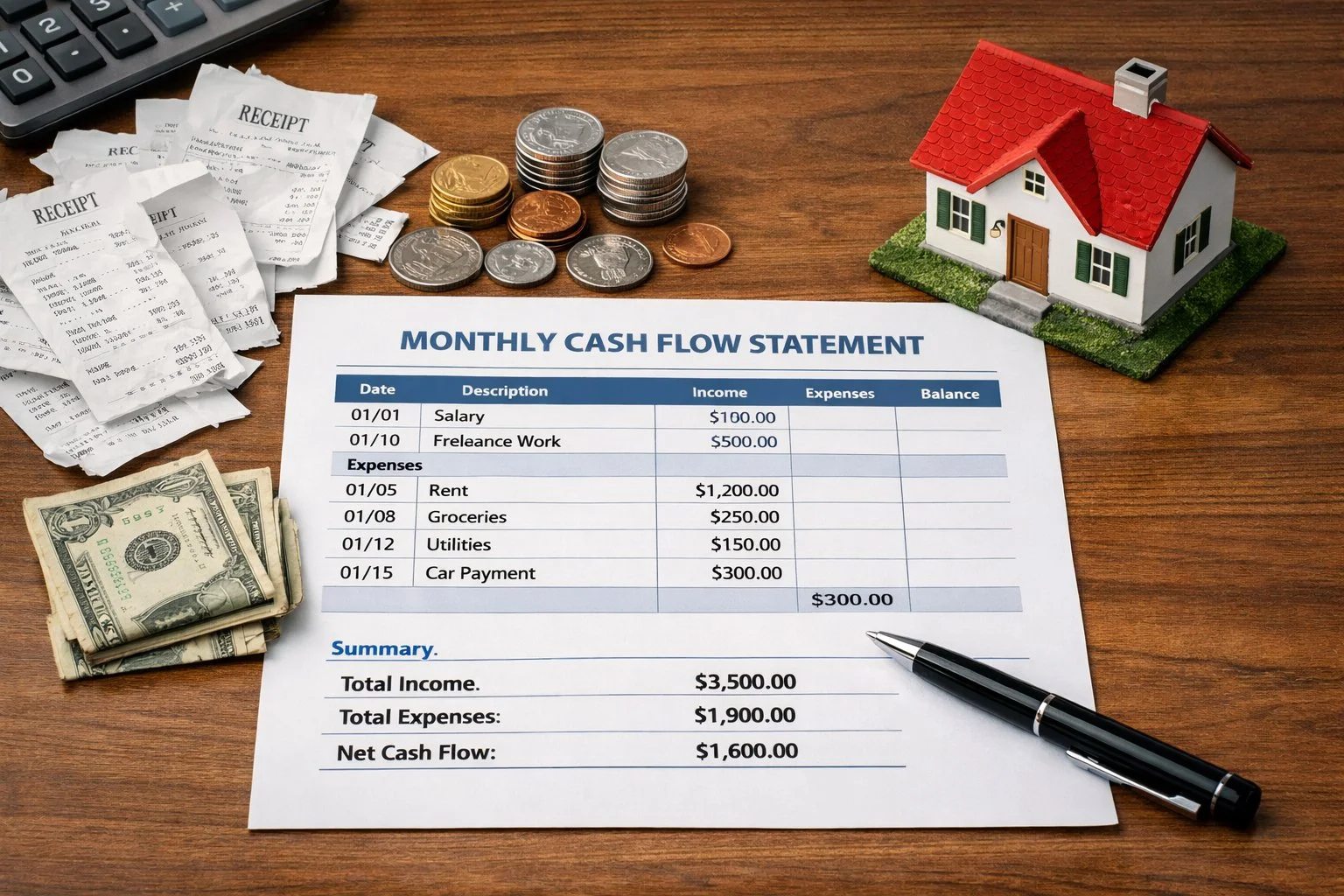 Monthly cash flow statement on a table, surrounded by receipts, coins, and a small model house.