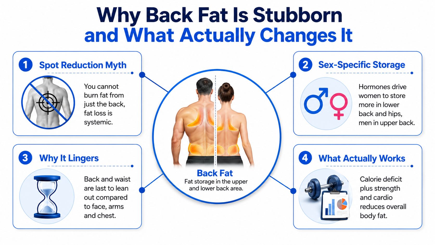 An infographic explaining why back fat is stubborn and the effective methods for reducing body fat.