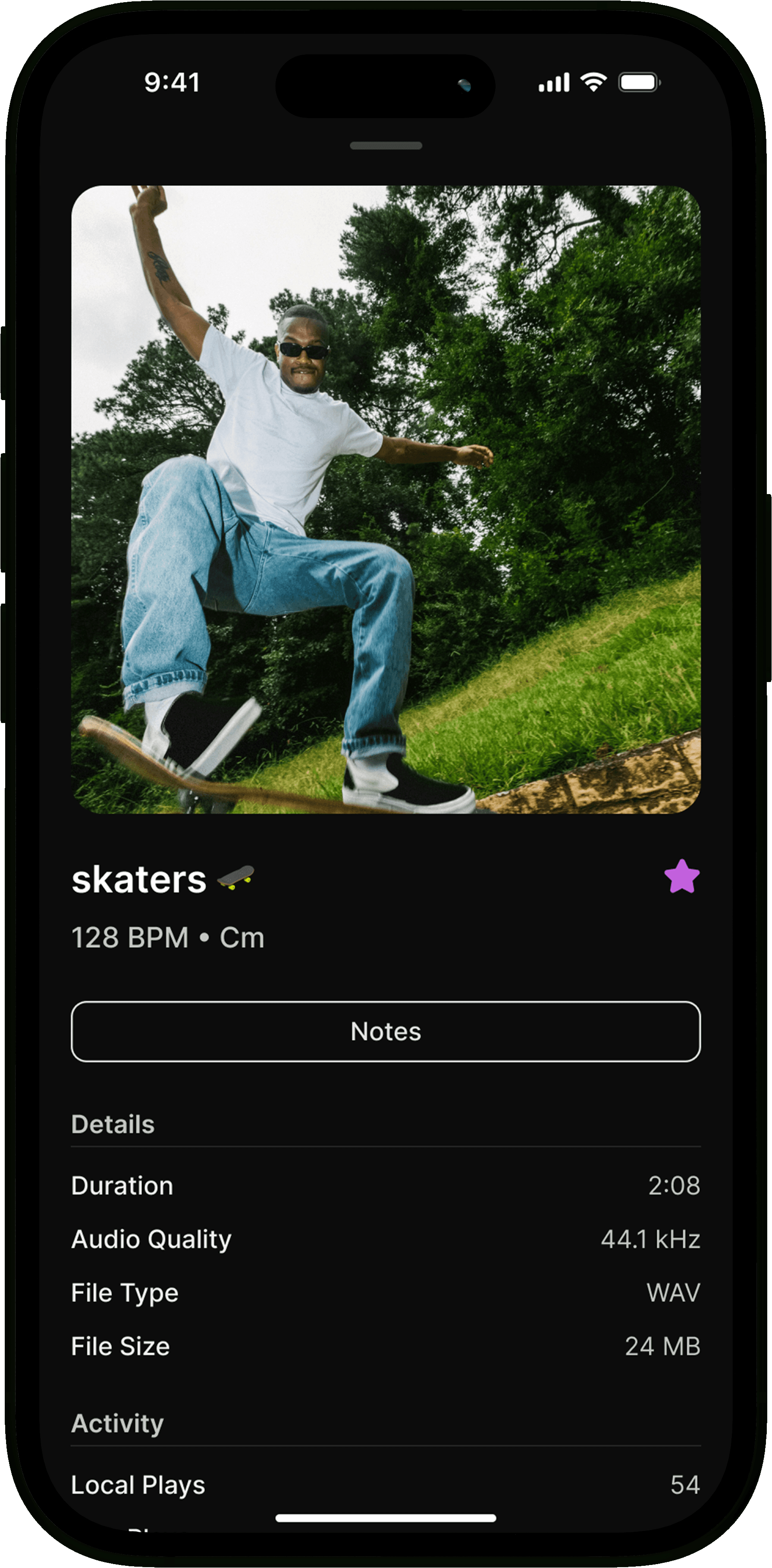 Screenshot of Traklist app showing file details for a track titled 'Blue Royale - Demo WAV.' The interface displays BPM, key, file format, audio quality, file size, and a custom artwork image of a person wearing sunglasses and a blue jacket.